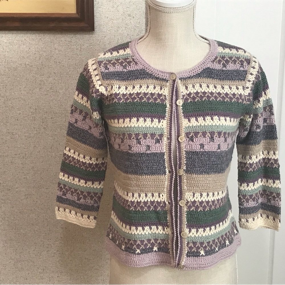 J. Jill Linen Blend Multicolor Knit 3/4 Sleeve Cardigan Sweater